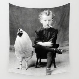 Smoking Boy with Chicken black and white photograph - photography - photographs Wall Tapestry