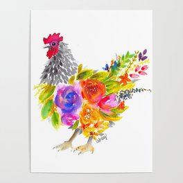 Watercolor Floral Chicken Poster