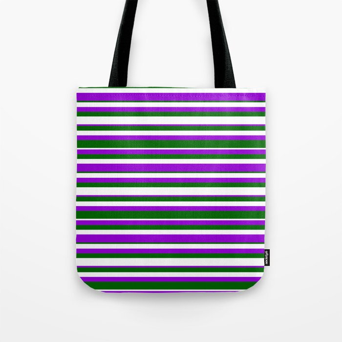 Dark Green, White & Dark Violet Colored Lined Pattern Tote Bag