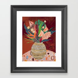 Autumnal Bouquet of Flowers in Woven Basket Vase on Warm Auburn Rust Still Life Fall Floral Painting Framed Art Print
