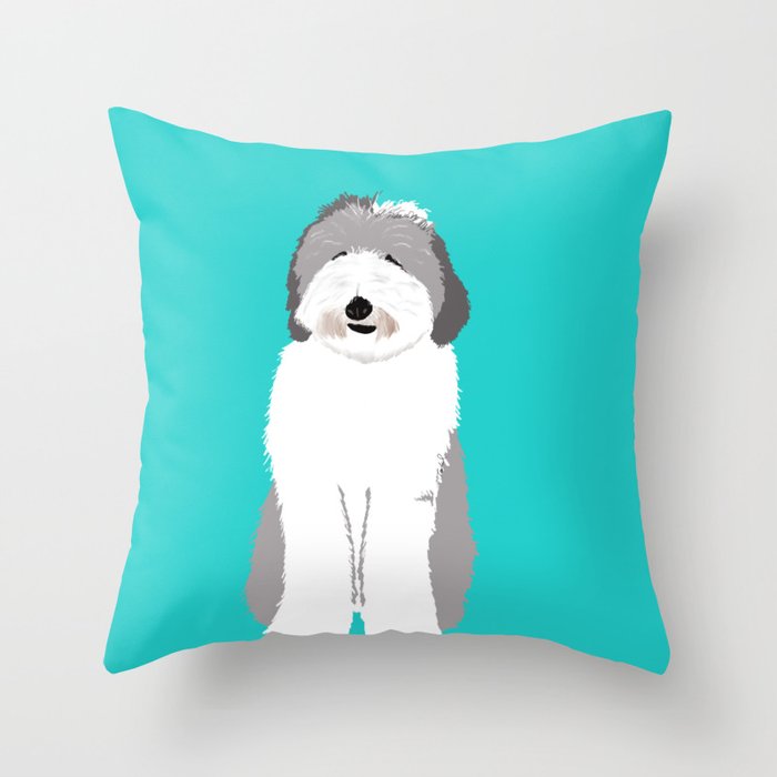 Lucy The Sheepadoodle Throw Pillow | Drawing, Digital, Sheepadoodle, Dog, Fluffy-dog, White-dog, Gray-and-white-dog, Teal-background, Dog-gifts, Puppy