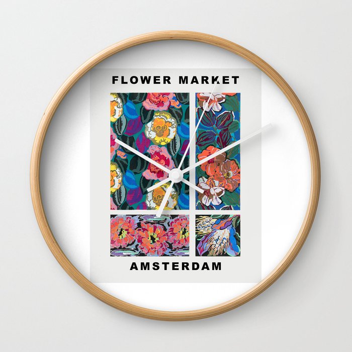 Retro Flower Market Amsterdam,Vintage Floral Abstract Painting, Wall Clock