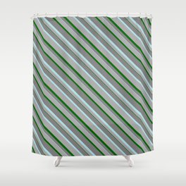 [ Thumbnail: Grey, Powder Blue, Dark Gray, and Dark Green Colored Stripes/Lines Pattern Shower Curtain ]
