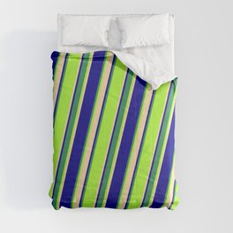 [ Thumbnail: Light Green, Tan, Dark Blue & Sea Green Colored Striped Pattern Comforter ]
