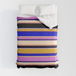 [ Thumbnail: Colorful Blue, Bisque, Goldenrod, Orchid, and Black Colored Stripes Pattern Comforter ]