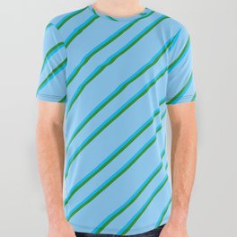 [ Thumbnail: Light Sky Blue, Deep Sky Blue, and Forest Green Colored Striped Pattern All Over Graphic Tee ]