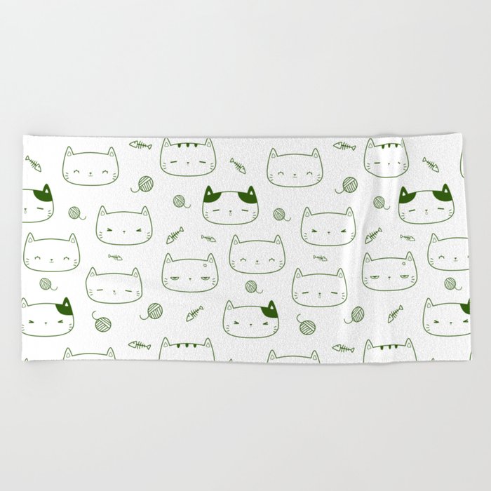 Green Doodle Kitten Faces Pattern Beach Towel