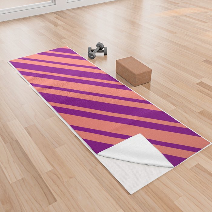 Salmon and Purple Colored Pattern of Stripes Yoga Towel
