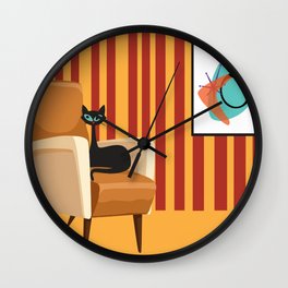 Retro Cat Looking Stunning in Wallpapered Mid Mod Lounge Wall Clock
