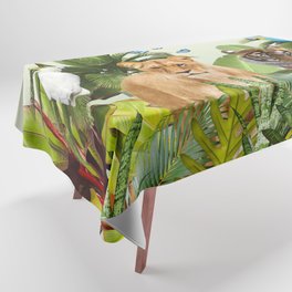 Lion Tiger Tropical Jungle Palm Banana Leaves Macaw Birds Butterflies Tablecloth
