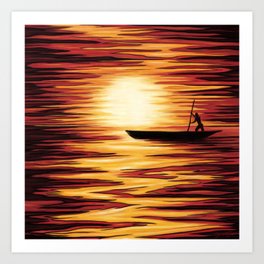 Sunset landscape with traditional west african boat Art Print