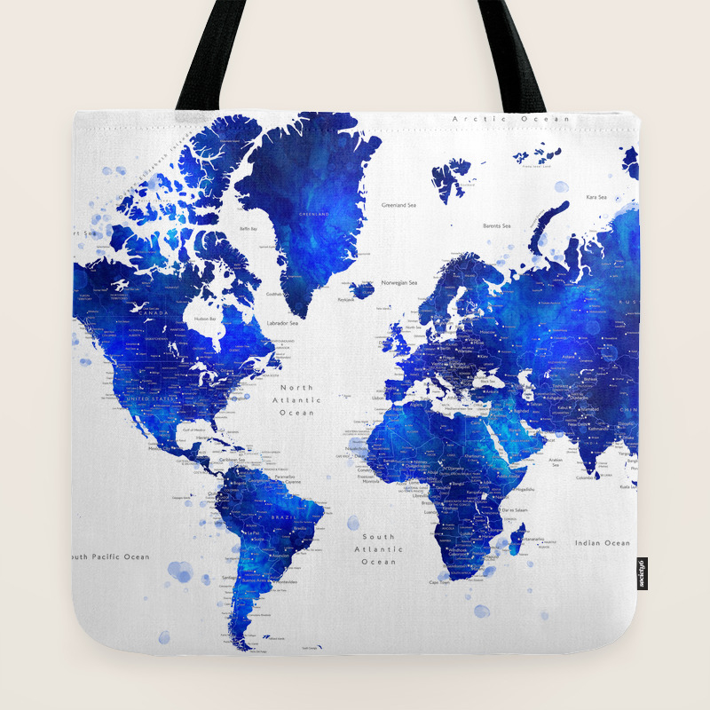 Wallpaper Navy Blue And Cobalt Blue Watercolor World Map With Cities For iPhone
