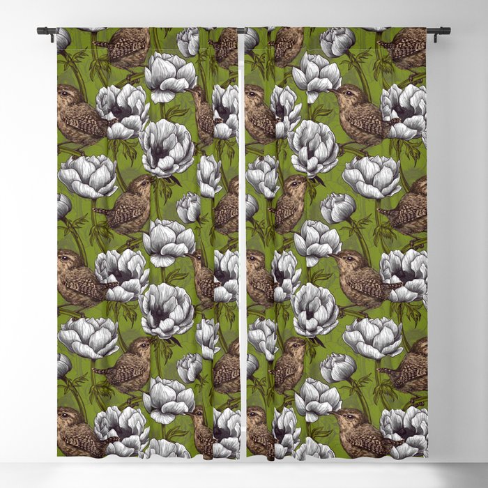 White anemone flowers and wrens Blackout Curtain