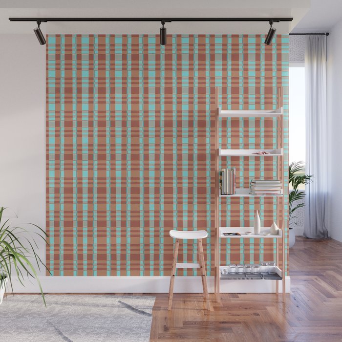 70s Turquoise Blue And Orange Grid Pattern Wall Mural