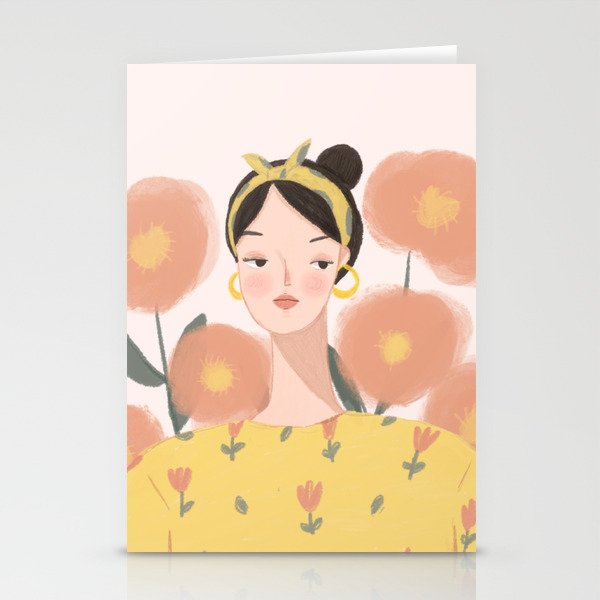 woman in yellow Stationery Cards