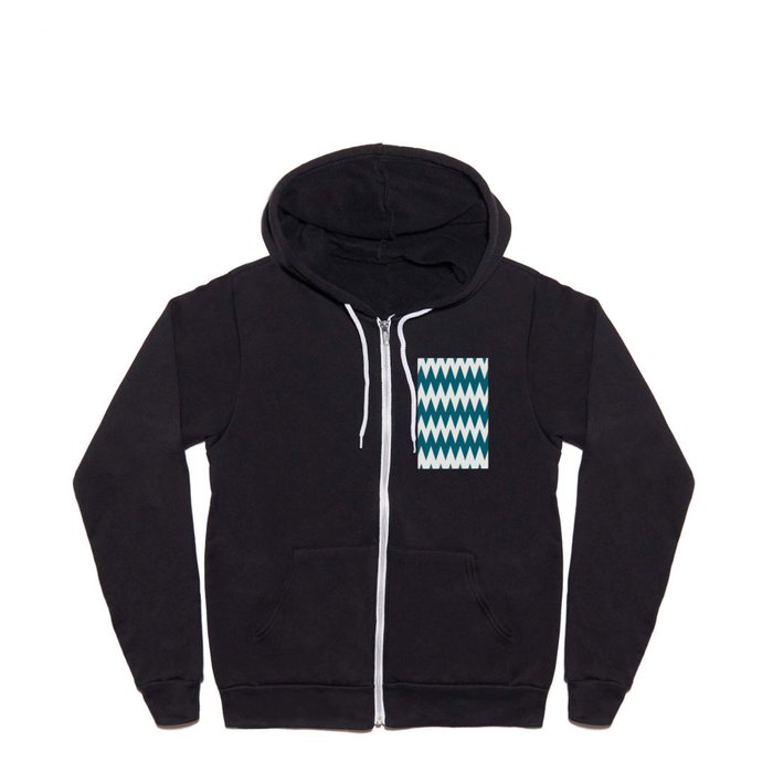 Off White and Tropical Dark Teal Inspired by Sherwin Williams 2020 Trending Color Oceanside SW6496 Zigzag Pointed Rippled Horizontal Line Pattern Full Zip Hoodie
