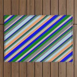[ Thumbnail: Colorful Blue, Green, Grey, Light Blue, and Brown Colored Stripes Pattern Outdoor Rug ]