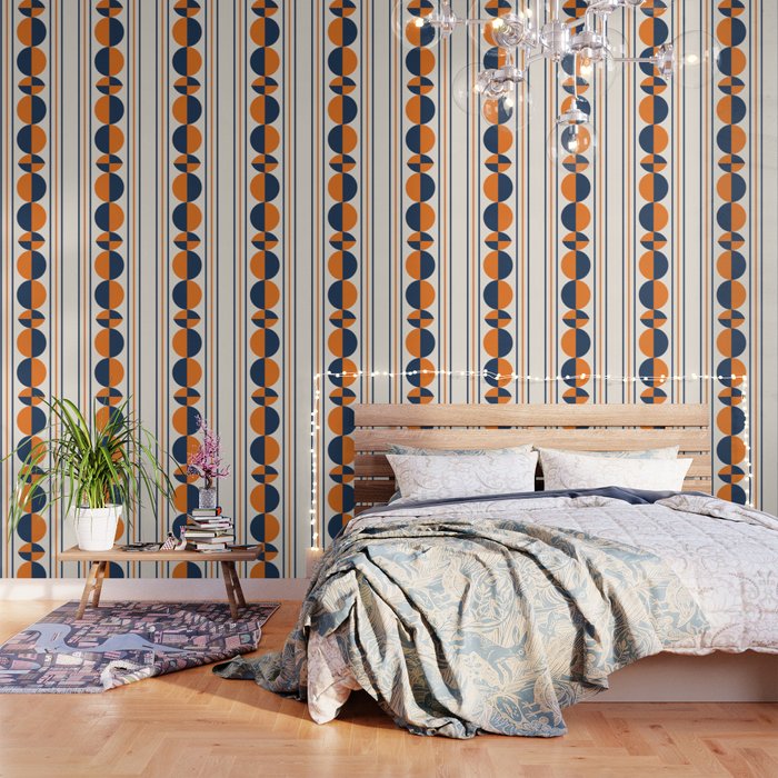 Abstract Shapes 78 in Orange and Navy Blue Wallpaper by nineFlorals