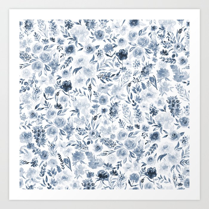 Watercolor florals in blue Art Print