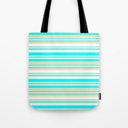 [ Thumbnail: White, Aqua & Tan Colored Striped/Lined Pattern Tote Bag ]