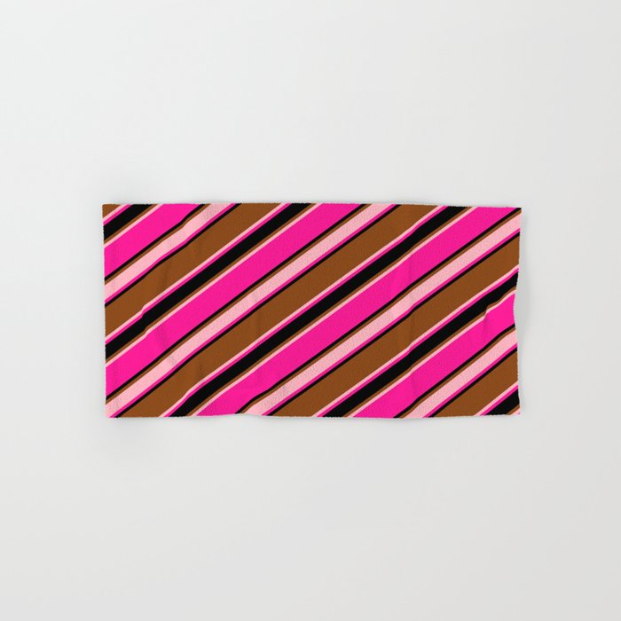 Brown, Light Pink, Deep Pink & Black Colored Stripes/Lines Pattern Hand & Bath Towel