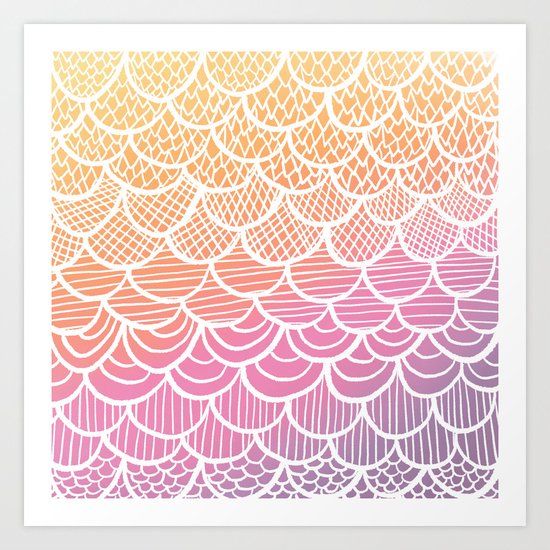 Modern hand drawn summer geometric mermaid scallop pink orange ombre watercolor Art Print
