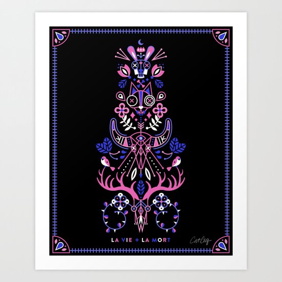 La Vie & La Mort – Pink & Periwinkle on Black Art Print