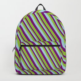 [ Thumbnail: Light Blue, Purple & Green Colored Pattern of Stripes Backpack ]