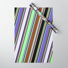 [ Thumbnail: Eyecatching Slate Blue, Brown, Lavender, Black & Green Colored Stripes Pattern Wrapping Paper ]