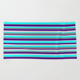 [ Thumbnail: Grey, Indigo, Light Gray, and Cyan Colored Striped Pattern Beach Towel ]