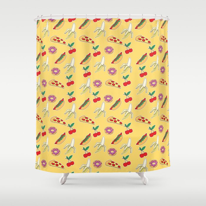 Modern yellow red fruit pizza sweet donuts food pattern Shower Curtain