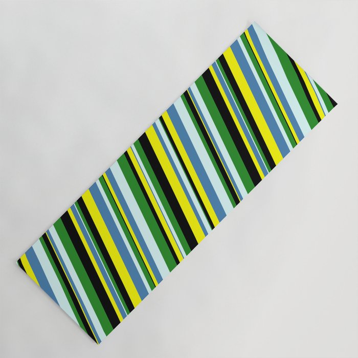 Yellow, Blue, Light Cyan, Forest Green, and Black Colored Stripes Pattern Yoga Mat