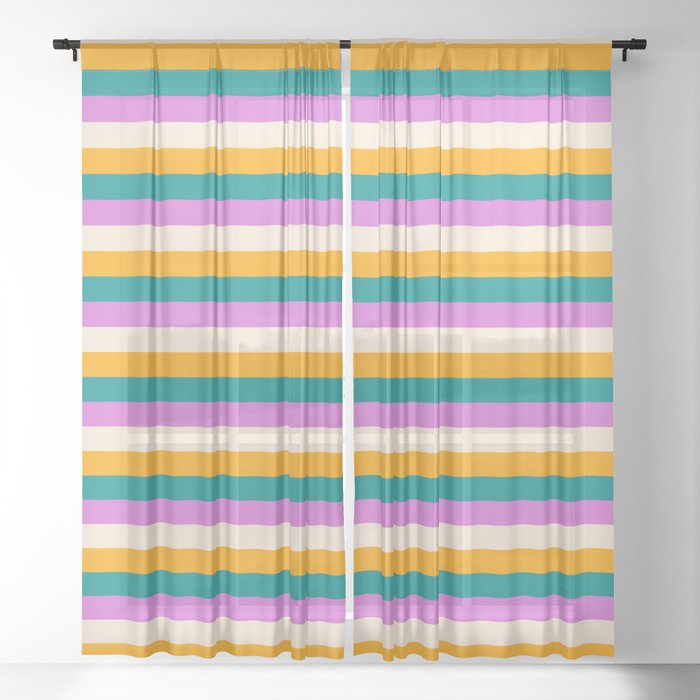 Beige, Orange, Dark Cyan & Orchid Colored Stripes Pattern Sheer Curtain