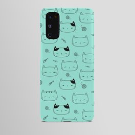 Seafoam and Black Doodle Kitten Faces Pattern Android Case