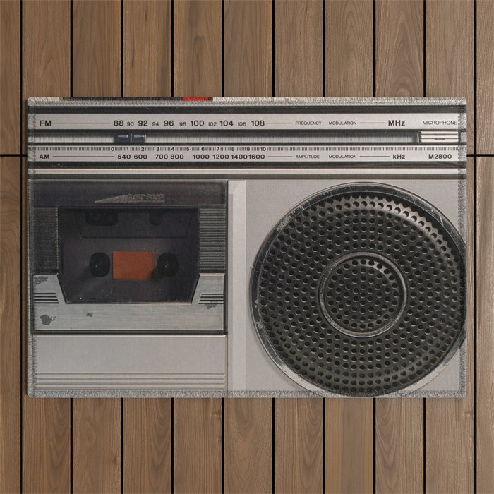 Retro outdated portable stereo radio cassette recorder from 80s. Vintage     Outdoor Rug