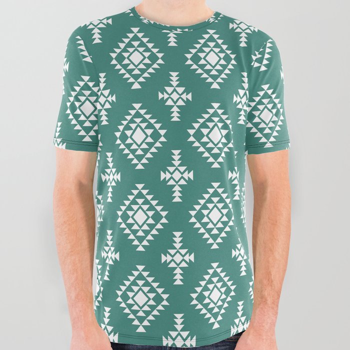 Green Blue and White Native American Tribal Pattern All Over Graphic Tee