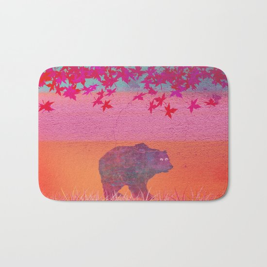Little bear in the colorful field, leaf, colors, pink, blue, field, grass, bear Bath Mat