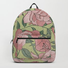 Victorian Peony Green background Backpack | Foliage, Pattern, Elegant, Grandmillennial, Botanical, Floralvintage, Claudiasdesign, Cottagecore, Drawing, Victorianpeony 