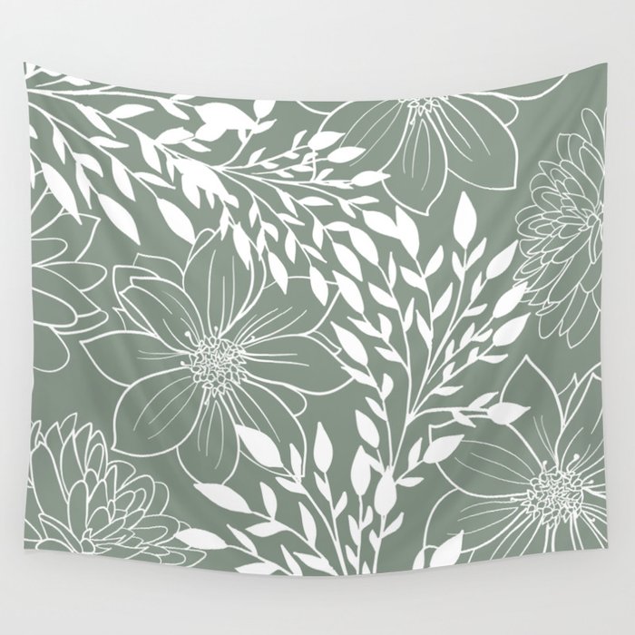 Festive, Floral Prints and Leaves, Line Art, Sage Green Wall Tapestry