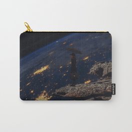 Edge of space Carry-All Pouch | Planet, Woman, Cliff, Cosmic, Digital, Surrealism, Surreal, Cosmos, Umbrella, Collage 