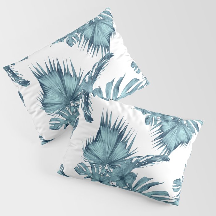 Tropical Palm Leaves Hibiscus Flowers Blue Pillow Sham