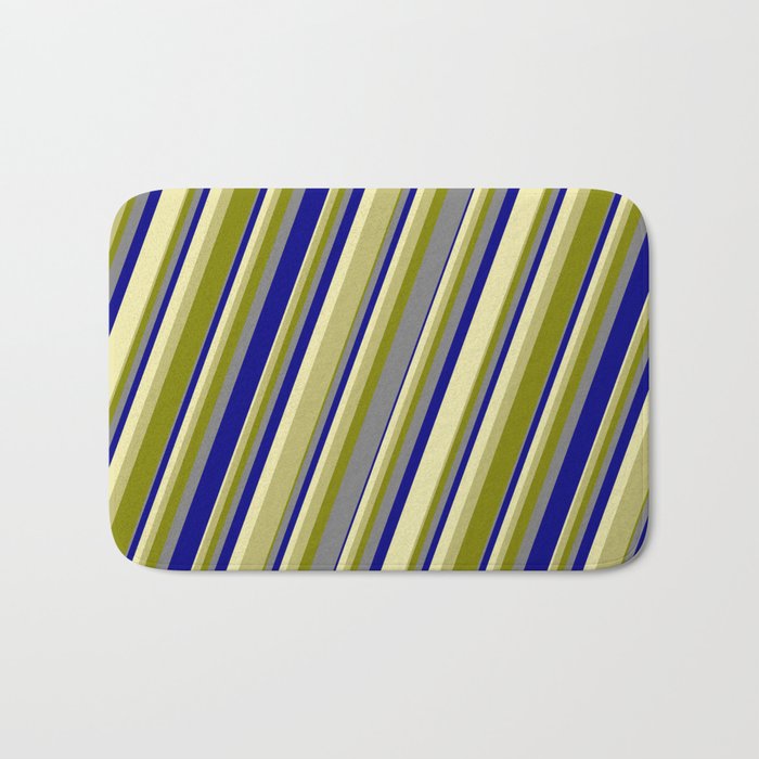 Colorful Pale Goldenrod, Dark Khaki, Green, Grey & Blue Colored Lines/Stripes Pattern Bath Mat