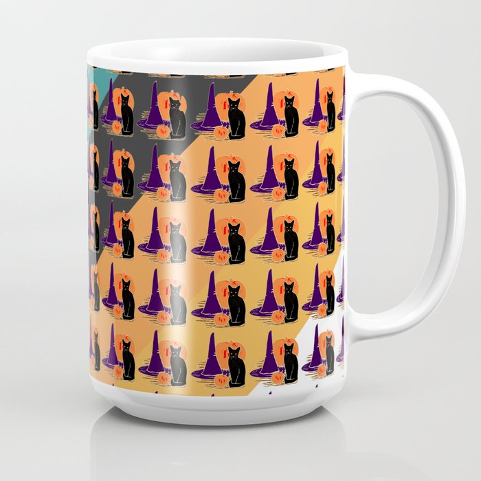 Witch Pumpkin Cat Woodcut Print Striped Pattern Coffee Mug By