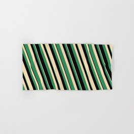 [ Thumbnail: Tan, Sea Green & Black Colored Striped Pattern Hand & Bath Towel ]