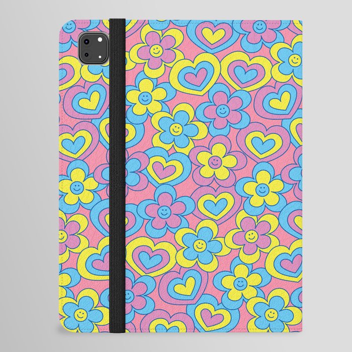 Happy Daisy and Heart Pattern, Vibrant Colors, Blue, Yellow, Pink iPad Folio Case