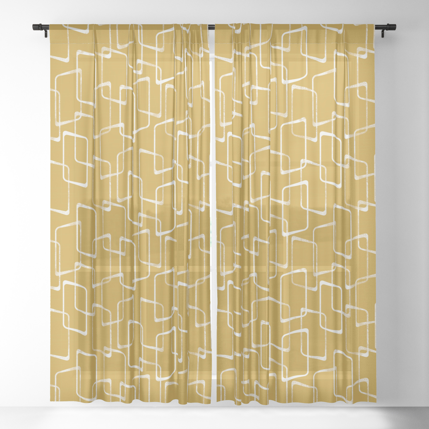 Old Gold And Cream Retro Geometric Shapes Pattern Sheer Curtain By