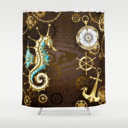Wooden Background with Mechanical Seahorse ( Steampunk ) Shower Curtain