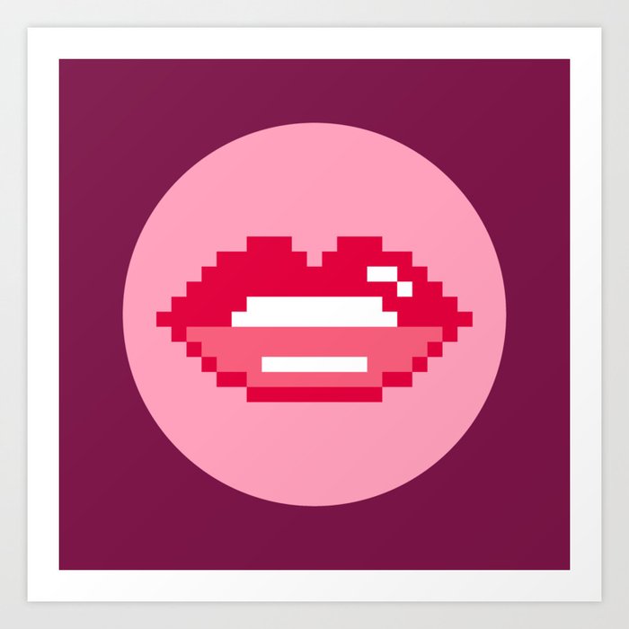 Valentine's retro pixel lips circles burgundy Art Print