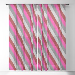 [ Thumbnail: Deep Pink, Dim Gray, Grey & Dark Red Colored Striped Pattern Sheer Curtain ]