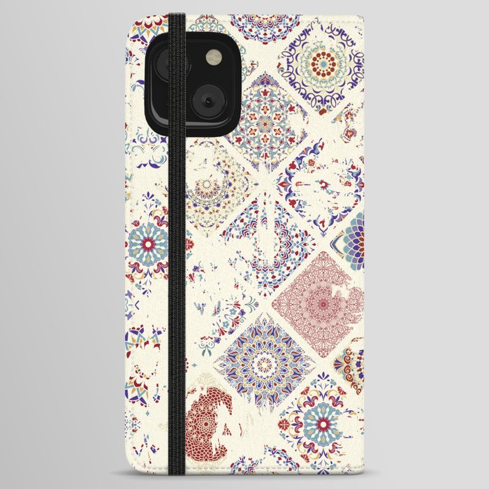 Seamless vintage pattern with an effect of attrition. Patchwork carpet. Hand drawn seamless abstract pattern from tiles. Azulejos tiles patchwork. Portuguese and Spain decor.  iPhone Wallet Case